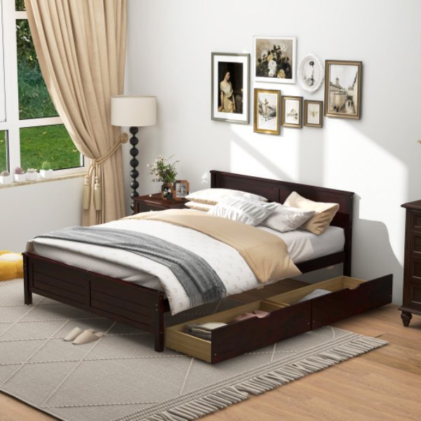 HU10561CF-F Full Size Bed Frame with Storage Drawers & Solid Wood Headboard, Espresso