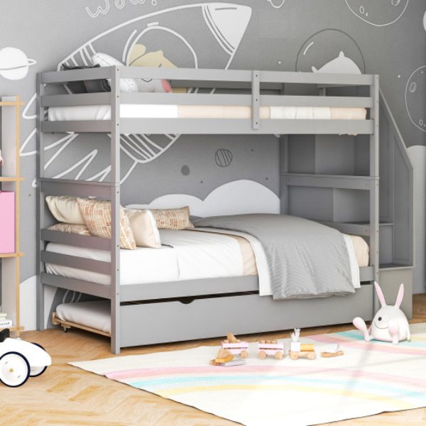 HU10562GR Home Wood Bunk Bed with Guardrail & 4-Step Storage Stairs, Gray