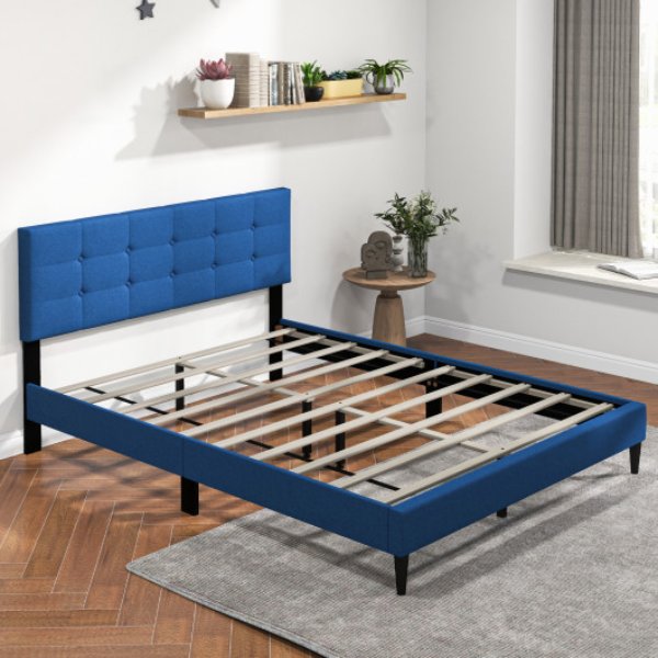 HU10569BL-Q Queen Size Upholstered Platform Bed with Button Tufted Headboard, Blue