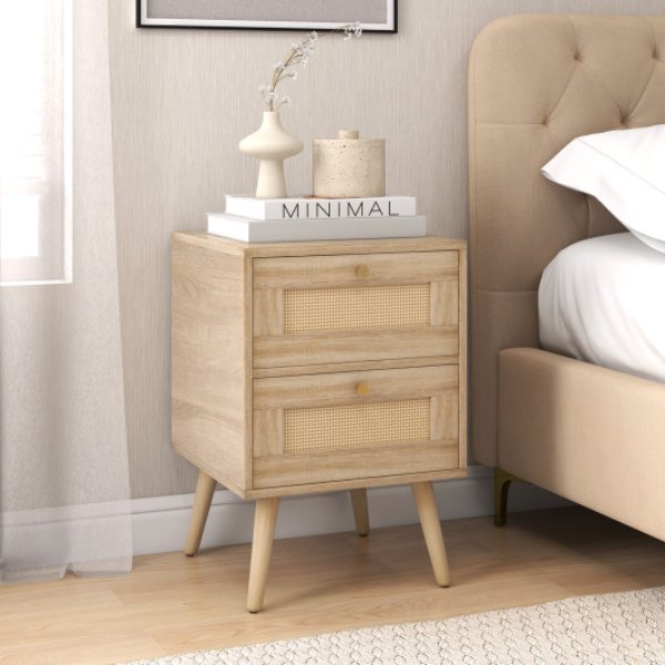 HU10574OA-1 Rattan Boho Accent Bedside Table Nightstand with 2 Storage Drawers, Natural