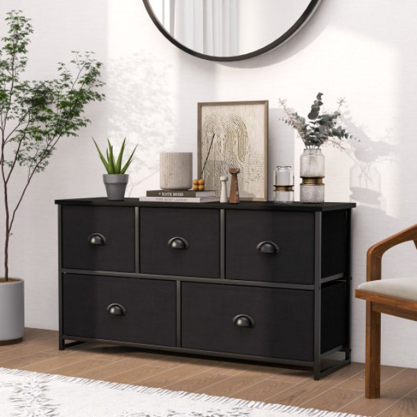 HW65779HS Storage Tower Dresser with 5 Foldable Cloth Storage Cubes, Gray