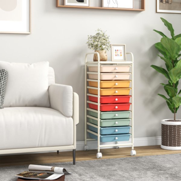 HW52045GW 10 Drawer Rolling File Storage Cart Organizer with 4 Universal Casters, Macaron Multi Color