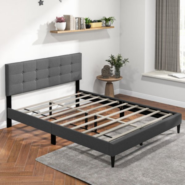 HU10569GR-Q Queen Size Upholstered Platform Bed with Button Tufted Headboard, Gray