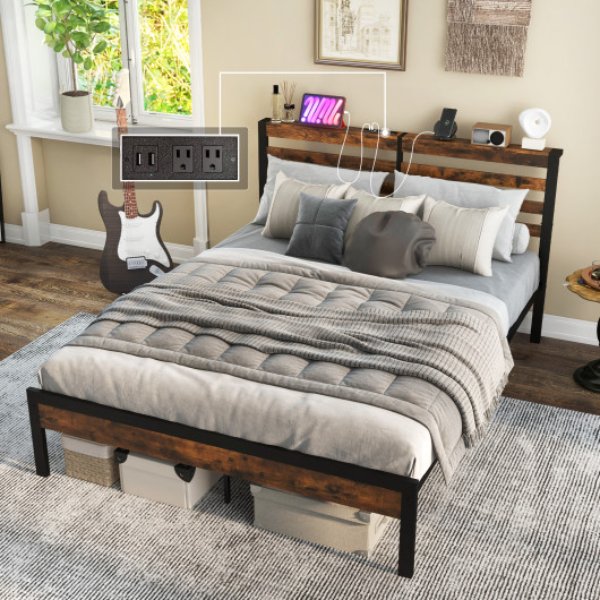 HU10587CF-Q Queen Size Bed Frame with Charging Station & Storage Headboard, Rustic Brown