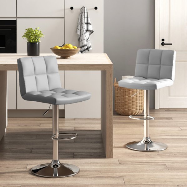 HW66492GR-2 Square Swivel Adjustable Bar Stools with Back & Footrest, Gray - Set of 2