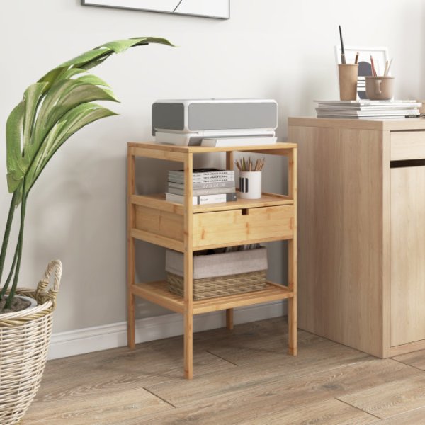 HU10209NA-2 Bamboo End Table Nightstand with 2 Open Shelves & Drawer, Natural - Set of 2