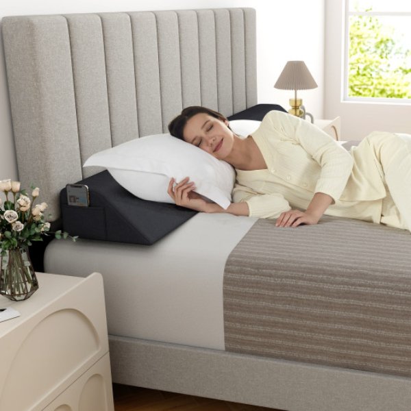 HU10410GR-Q Queen Size Bed Wedge Pillow with Storage Bag, Gray