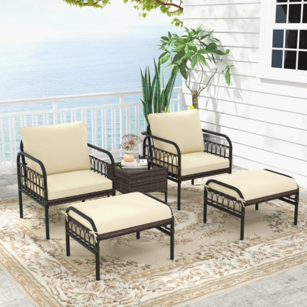 HW71584BN 5 Piece Patio Conversation Set with Ottomans & Coffee Table, Brown & Beige