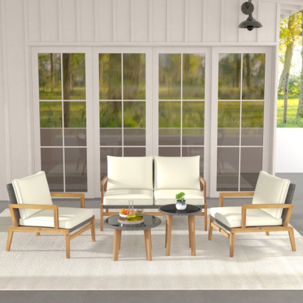 HW71616WH 5 Piece Rattan Wicker Woven Sofa Furniture Set with 2 Tempered Glass Coffee Tables, Mix Brown & Off White