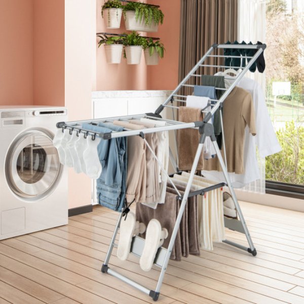 JZ10187 2-Layer Folding Clothes Drying Rack with 5-Level Adjustable Height, Silver & Gray -  Total Tactic