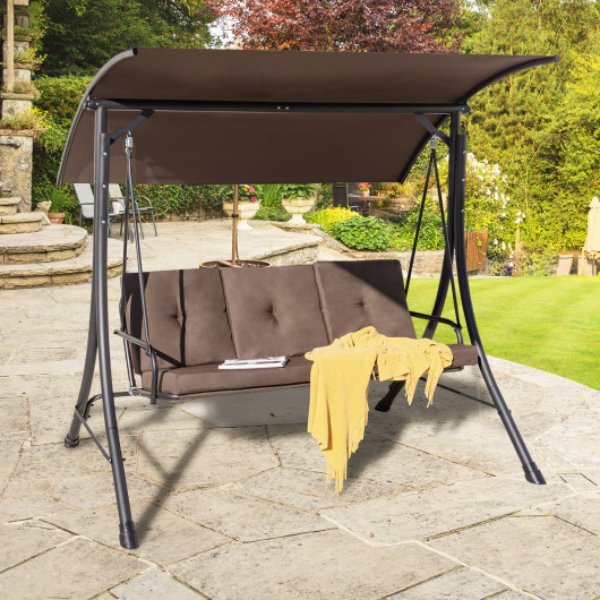 NP10693BN 3-Seat Outdoor Porch Swing with Adjustable Canopy & Padded Cushions, Brown -  Total Tactic