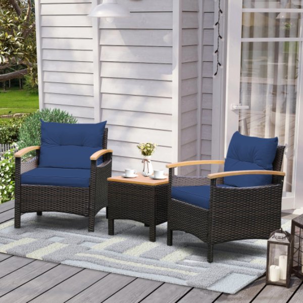 HW70448NY 3 Piece Patio Rattan Furniture Set with Removable Cushion, Navy