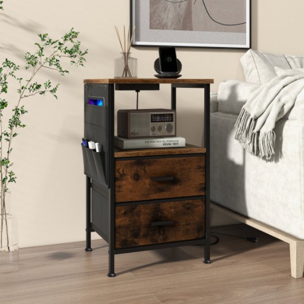 Picture of Total Tactic JZ10198US-1CF Industrial Bedside Table with USB Ports & AC Outlets for Bedroom & Living Room&#44; Rustic Brown & Black