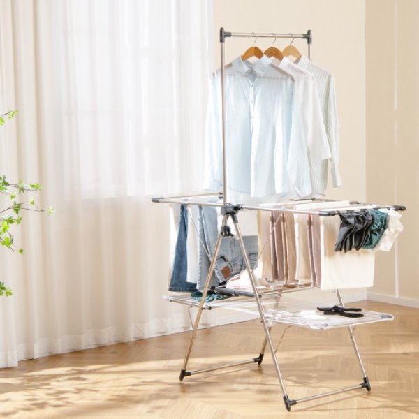 JZ10243 Large Foldable Clothes Drying Rack with Tall Hanging Bar, Silver