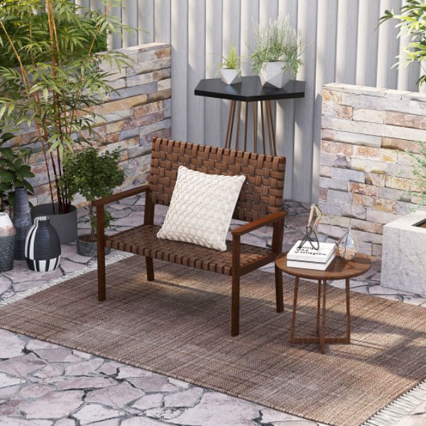 JV11288BN Outdoor All Weather Bench with Solid Rubber Wood Frame & Hand Woven PU Leather, Brown