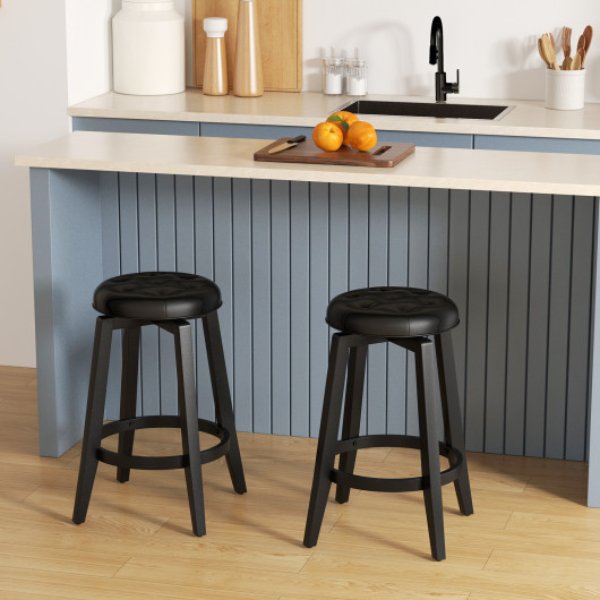 JV11306BK-24 24 in. 360 deg Swivel Upholstered Rubberwood Frame Bar Stool with Footrest, Black - Set of 2 -  Total Tactic