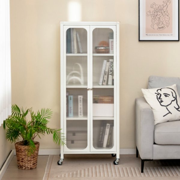 JV11315WH Glass Doors Storage Cabinet with Wheels & Adjustable Shelves, White
