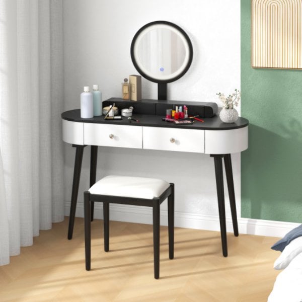 JV11563DK Makeup Vanity Table Set with LED Mirror & 3 Spacious Drawers, White & Dark Wood