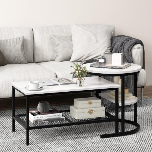 JV11232DK Nesting Coffee Table with Extra Storage Shelf for Living Room, Black - Set of 2
