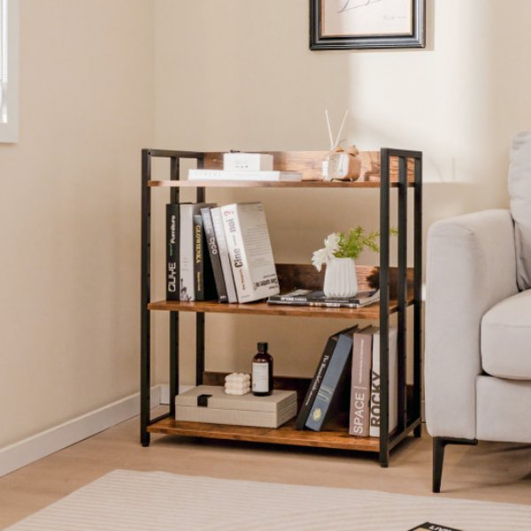 JV11266CF 3-Tier Corner Bookcase with Adjustable Shelves & Metal Frame, Rustic Brown