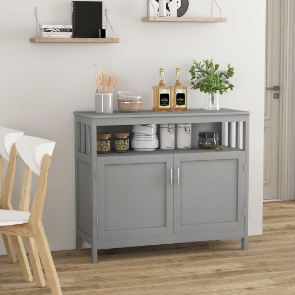 Picture of Total Tactic JV10037GR Kitchen Buffet Server Sideboard Storage Cabinet with 2 Doors & Shelf&#44; Gray