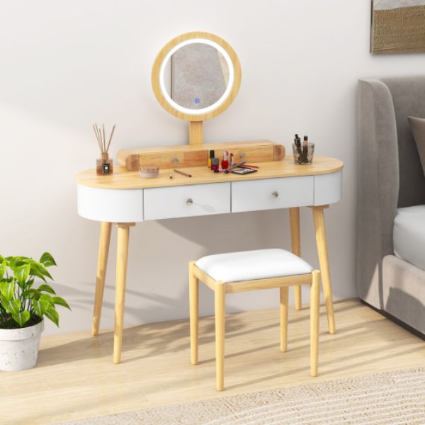 JV11563NA Makeup Vanity Table Set with LED Mirror & 3 Spacious Drawers, White & Natural Wood