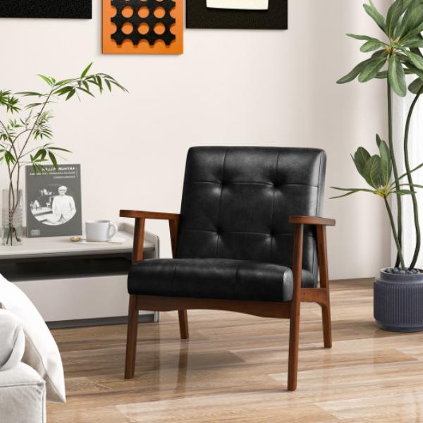 JV11149DK Mid Century Modern Accent Chair with Solid Rubber Wood Frame & Leather Cover, Black