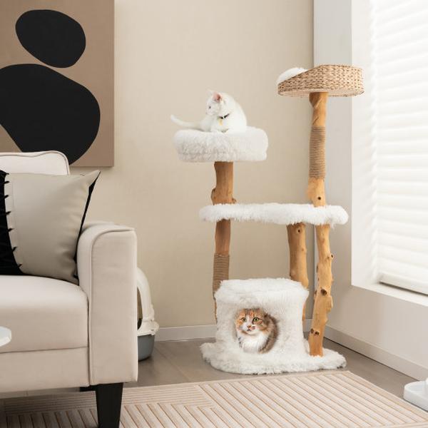 Picture of Total Tactic PV10101WH Solid Wood Cat Tower with Top Cattail Basket Cat Bed for Indoor Cats&#44; White
