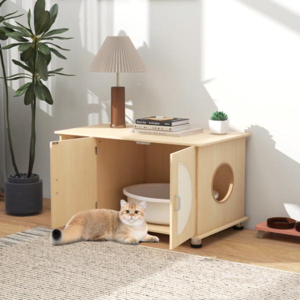 Picture of Total Tactic PV10147NA Cat Litter Box Enclosure with Sisal Scratching Doors & Adjustable Metal Feet&#44; Natural
