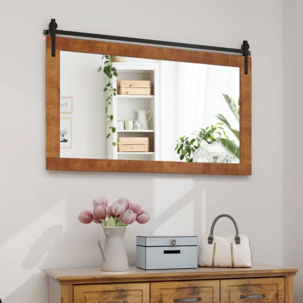 Picture of Total Tactic HZ10201BN 40 in. x 26 in. Rectangle Barn Door Style Wall Mounted Mirror with Solid Wood Frame & Metal Bracket&#44; Brown