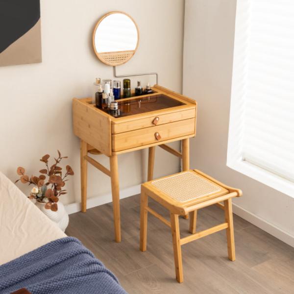 JV11087NA Bamboo Makeup Vanity Table with Mirror with 2 Storage Drawers, Natural