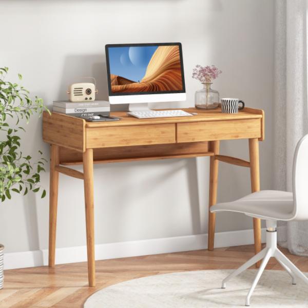 Picture of Total Tactic JV11089NA Bamboo Writing Desk with 2 Storage Drawers & Open Shelf&#44; Natural