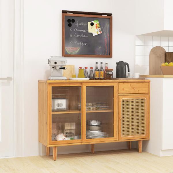 Picture of Total Tactic KC55873NA Modern Bamboo Buffet Sideboard Cabinet with Tempered Glass Sliding Doors&#44; Natural