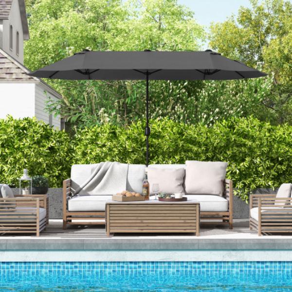 NP11519HS 13 ft. Double-Sided Patio Twin Table Umbrella with Crank Handle, Gray