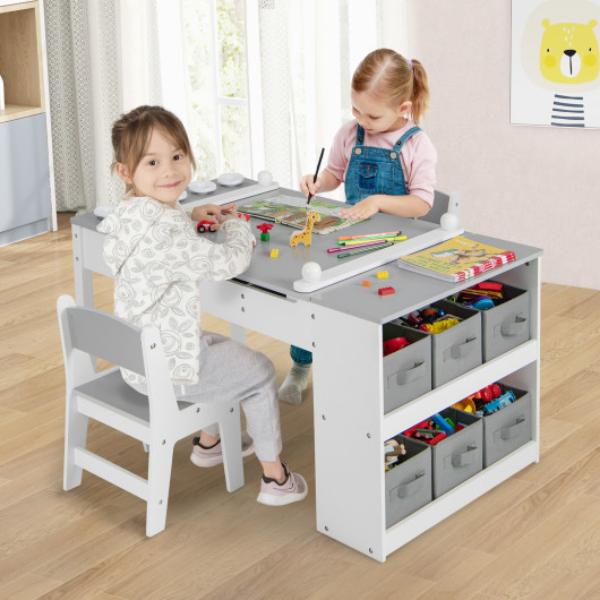 HY10243GR 2-in-1 Kids Wooden Art Table & Art Easel Set with Chairs Storage Bins Paper Roll, Gray -  Total Tactic