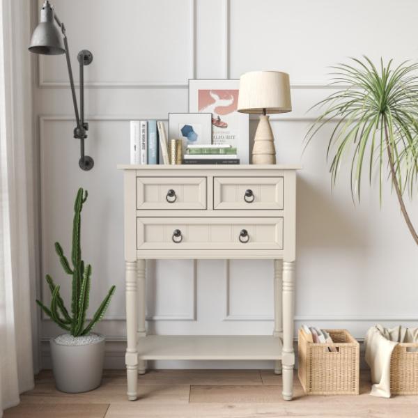 JV10703BE Narrow Console Table with 3 Storage Drawers & Open Bottom Shelf, Beige