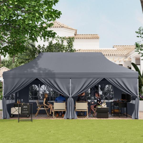 NP11453GR 10 x 20 ft. Pop Up Canopy with 6 Sidewalls & Windows & Carrying Bag for Party Wedding Picnic, Gray