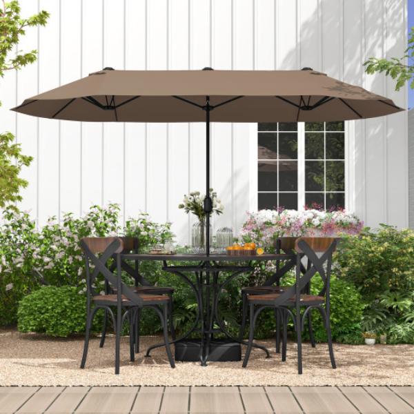 NP11519CF 13 ft. Double-sided Patio Twin Table Umbrella with Crank Handle, Tan