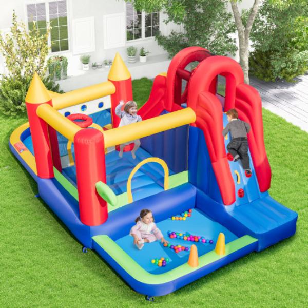 NP11183-EP24683 9-in-1 Inflatable Bounce Castle with Water Slide & Splash Pool with 735W Blower, Multi Color