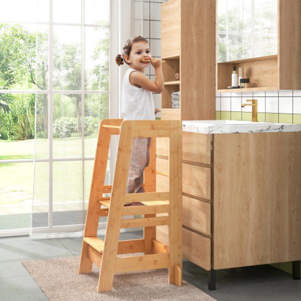 Picture of Total Tactic HY10038NA Bamboo Toddlers Kitchen Step Stool with Height Adjustable Platform&#44; Natural
