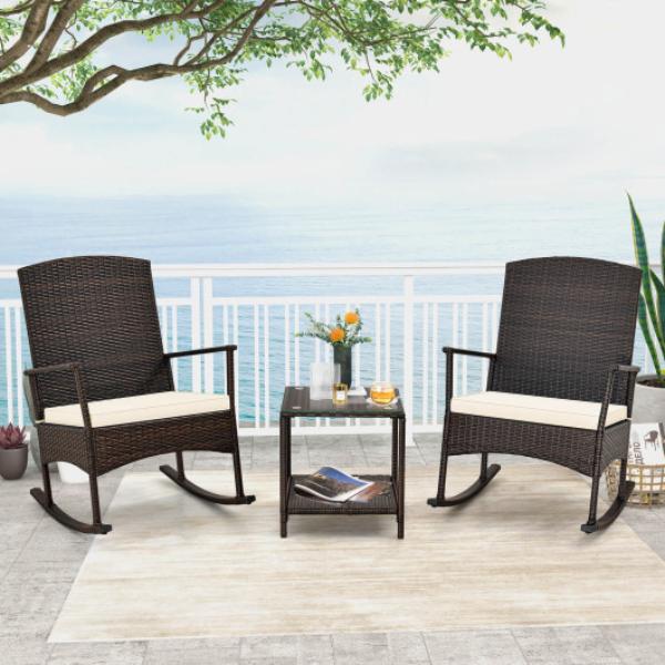 HW71631WH 3 Piece Patio Rocking Set Wicker Rocking Chairs with 2-Tier Coffee Table-Off White