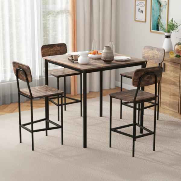 KC54181CF 5 Piece Industrial Dining Table Set with Counter Height Table & 4 Bar Stools, Coffee -  Total Tactic