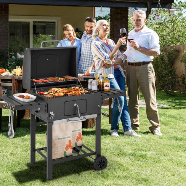 NP11290 Outdoor BBQ Charcoal Grill with 2 Foldable Side Table & Wheels, Black