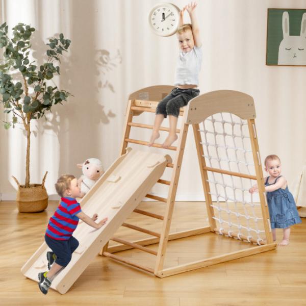 TS10098NA 6-in-1 Jungle Gym Wooden Indoor Playground with Double-Sided Ramp & Monkey Bars, Natural -  Total Tactic