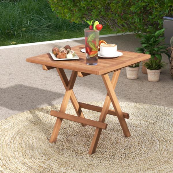 OP71251 Square Patio Folding Table Teak Wood with Slatted Tabletop Portable for Picnic, Teak