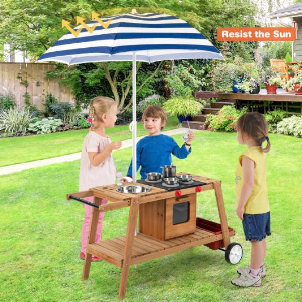 Picture of Total Tactic TP10105BL Wooden Play Cart with Sun Proof Umbrella for Toddlers Over 3 Years Old&#44; Blue