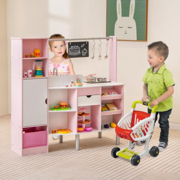 Picture of Total Tactic TP10164PI 2-in-1 Double-sided Kids Kitchen & Market with Realistic Light & Sound&#44; Pink