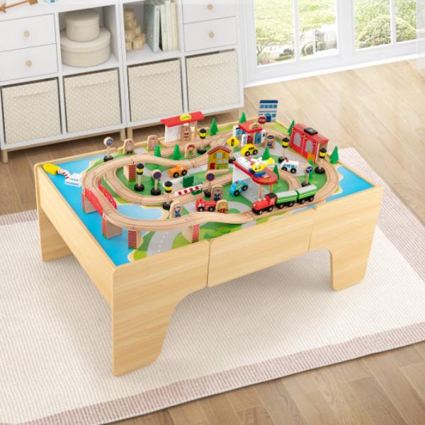Picture of Total Tactic TM10051 84 Piece Wooden Train Set with Reversible & Detachable Tabletop&#44; Natural