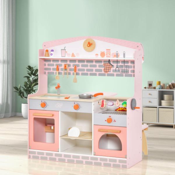 TM10089 Double-Sided Kids Play Kitchen Set with Canopy & 2 Seats, Pink