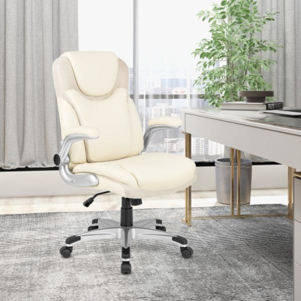 CB10557WH Ergonomic Office PU Leather Executive Chair with Flip-up Armrests & Rocking Function, White -  Total Tactic